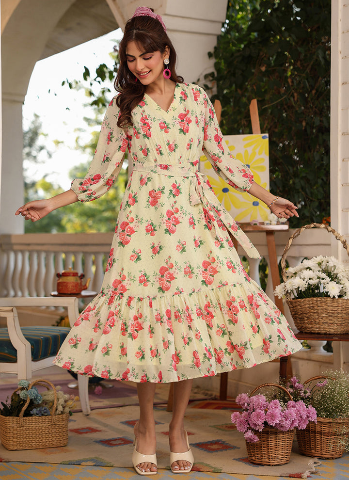 Light Yellow Georgette Flower Printed Midi Dress