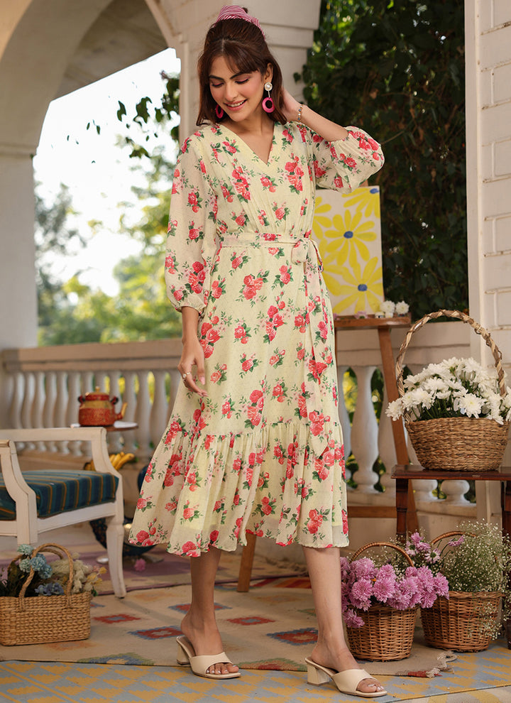 Light Yellow Georgette Flower Printed Midi Dress