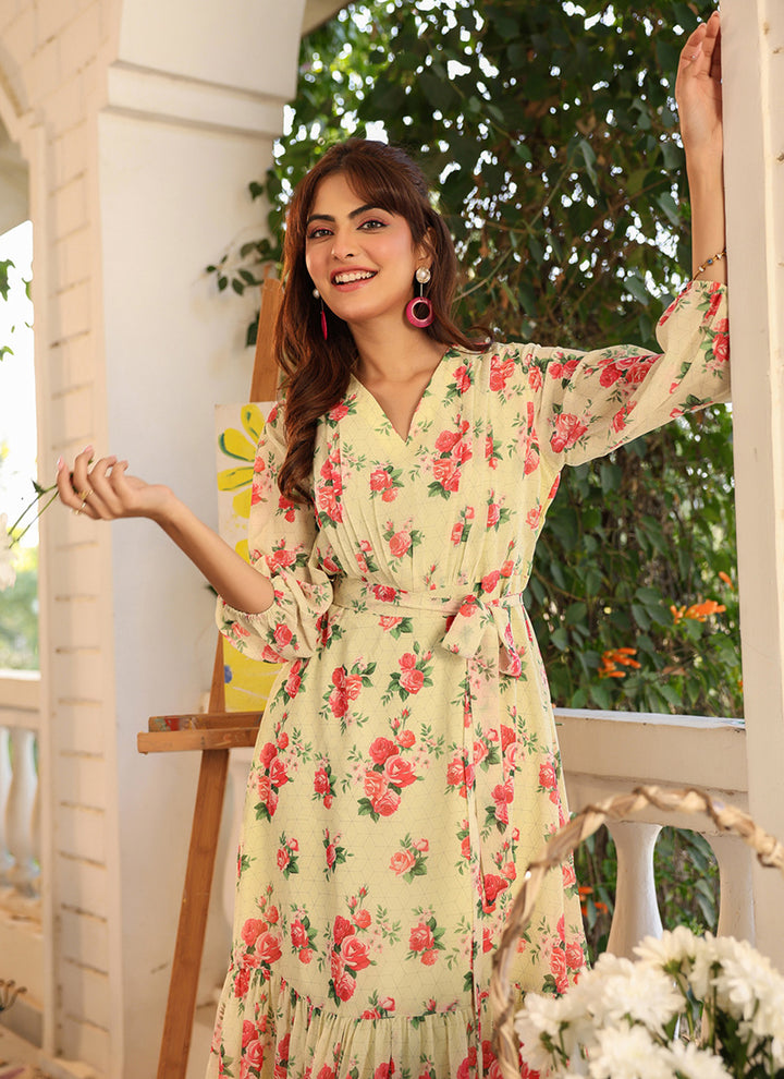 Light Yellow Georgette Flower Printed Midi Dress