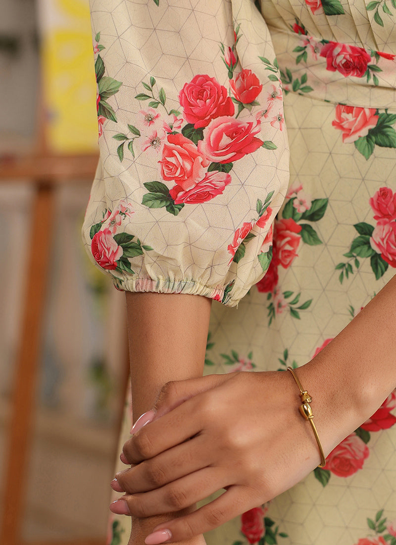 Light Yellow Georgette Flower Printed Midi Dress