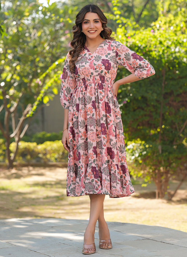 Peach Georgette Flower Printed Outwear Midi Dress