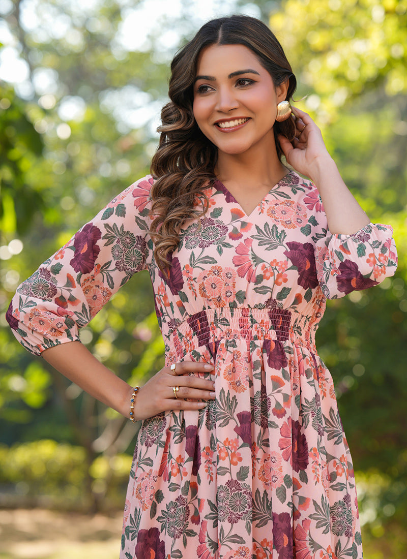 Peach Georgette Flower Printed Outwear Midi Dress
