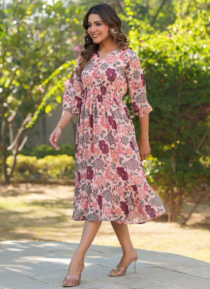 Peach Georgette Flower Printed Outwear Midi Dress