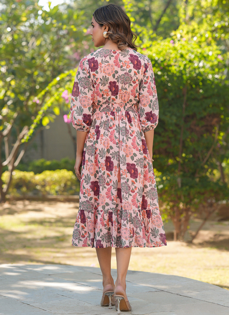 Peach Georgette Flower Printed Outwear Midi Dress