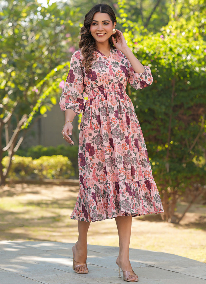 Peach Georgette Flower Printed Outwear Midi Dress