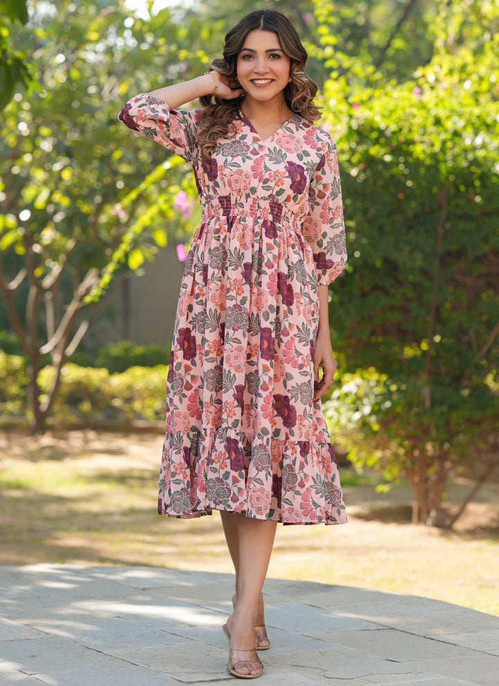 Peach Georgette Flower Printed Outwear Midi Dress