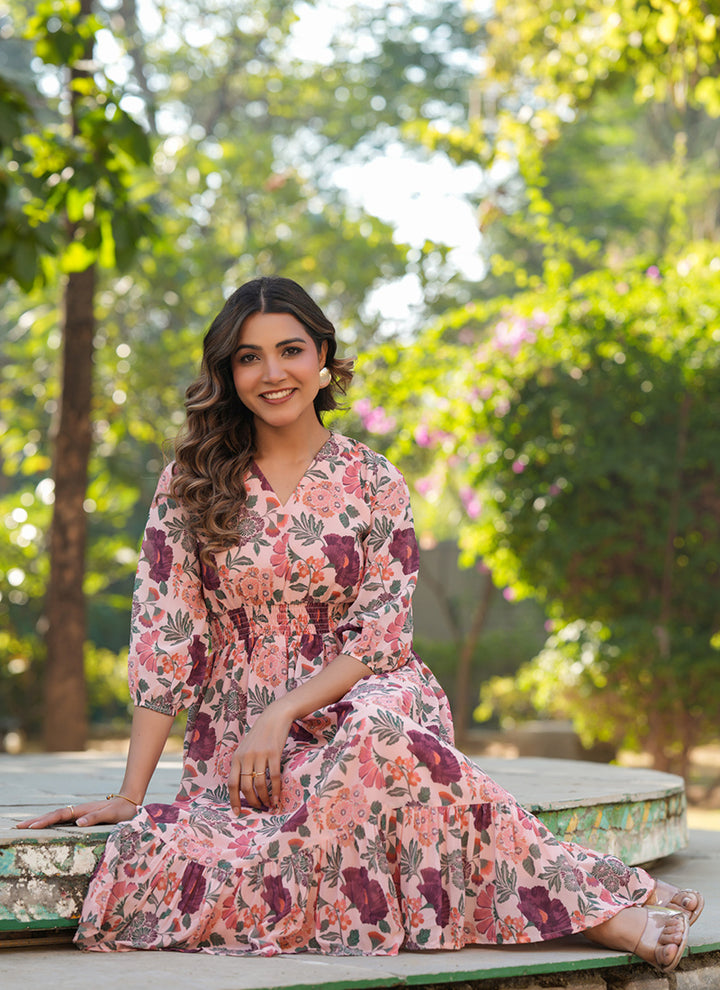 Peach Georgette Flower Printed Outwear Midi Dress