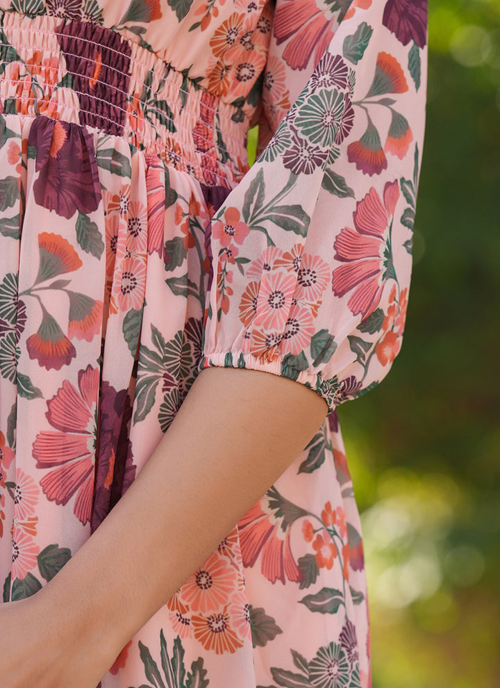 Peach Georgette Flower Printed Outwear Midi Dress