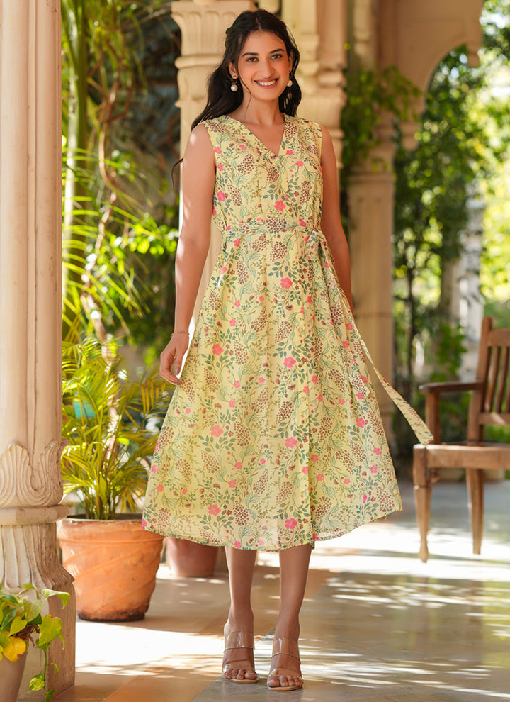 Georgette Light Green Flower Printed Flair Midi Dress