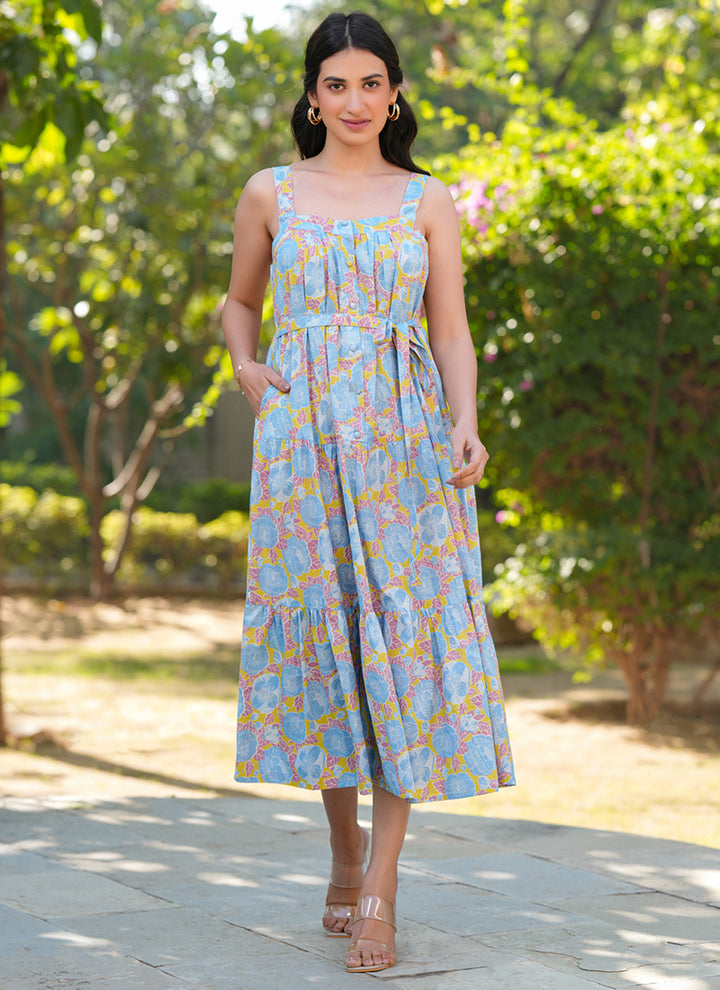 Multicolor Pure Cotton Flower Printed Midi Dress