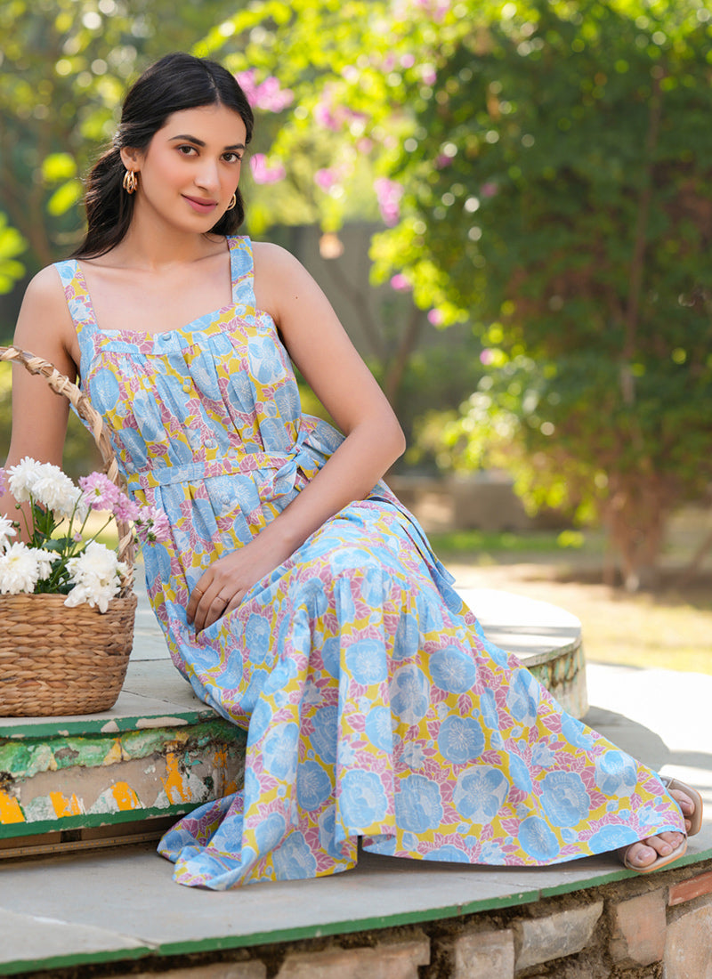 Multicolor Pure Cotton Flower Printed Midi Dress