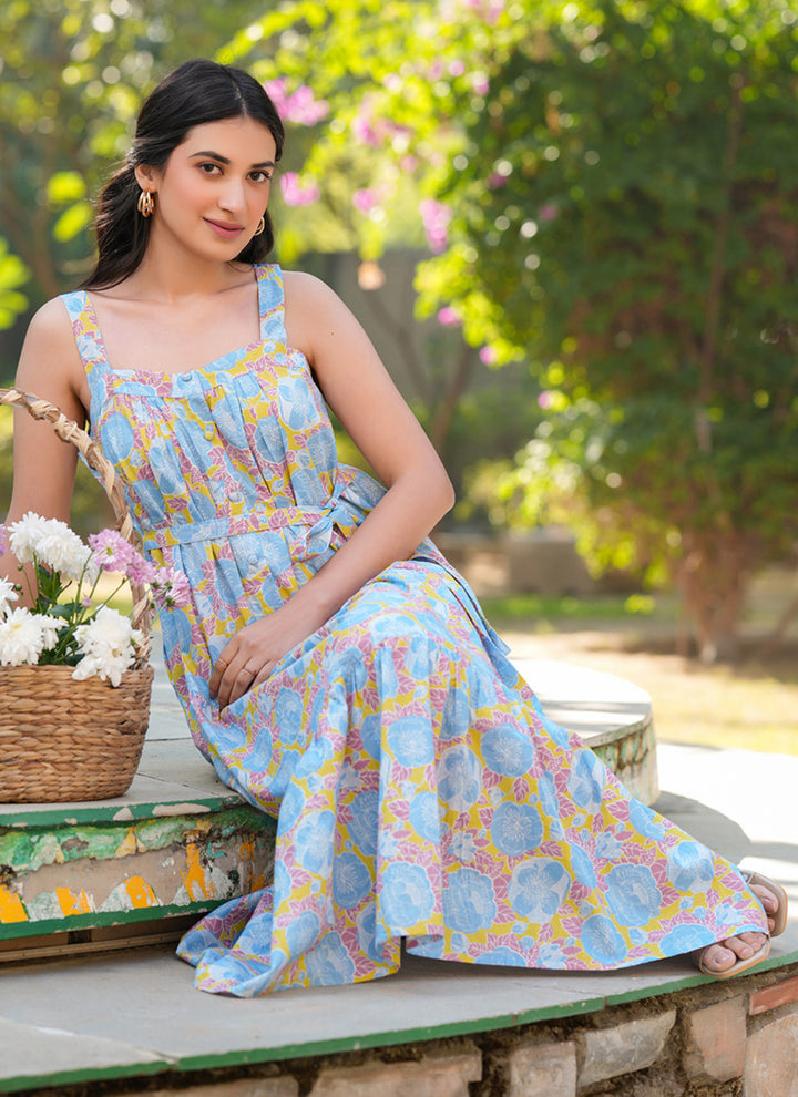 Multicolor Pure Cotton Flower Printed Midi Dress