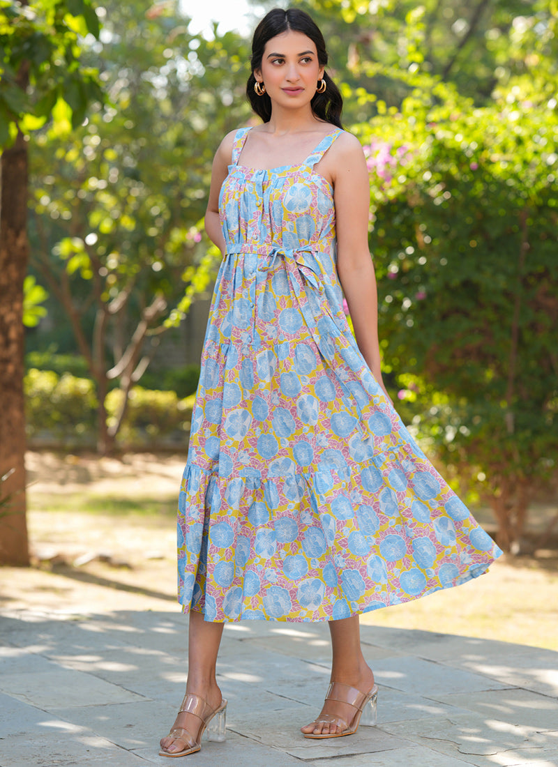 Multicolor Pure Cotton Flower Printed Midi Dress