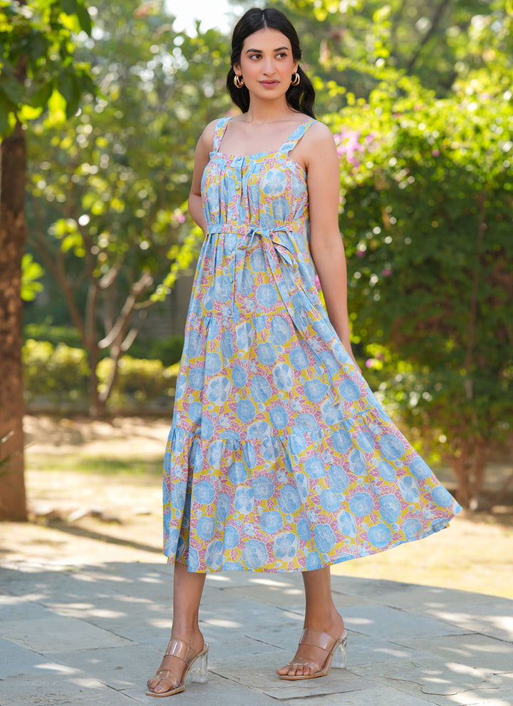 Multicolor Pure Cotton Flower Printed Midi Dress