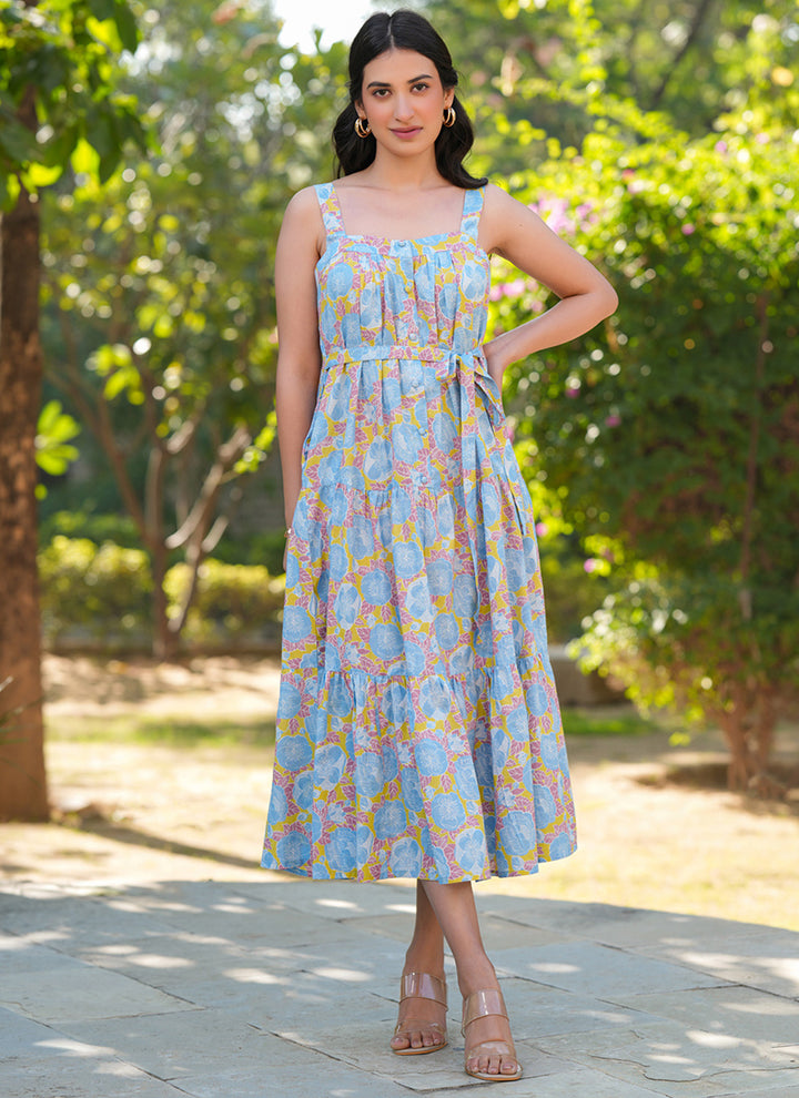 Multicolor Pure Cotton Flower Printed Midi Dress