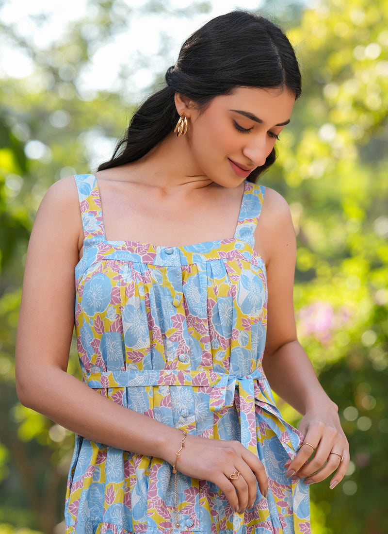 Multicolor Pure Cotton Flower Printed Midi Dress