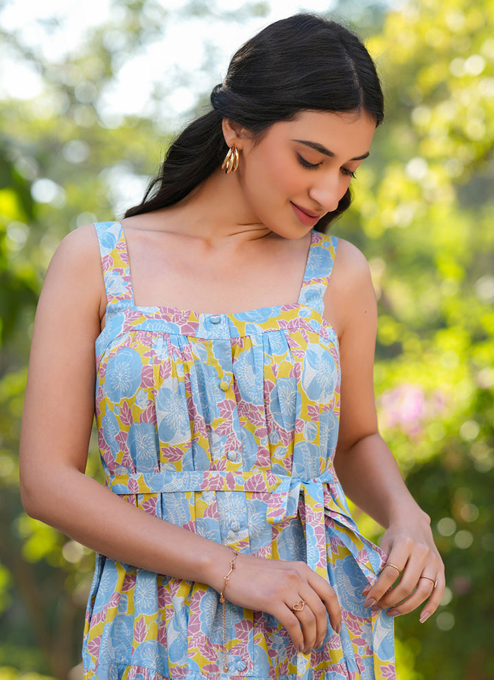Multicolor Pure Cotton Flower Printed Midi Dress