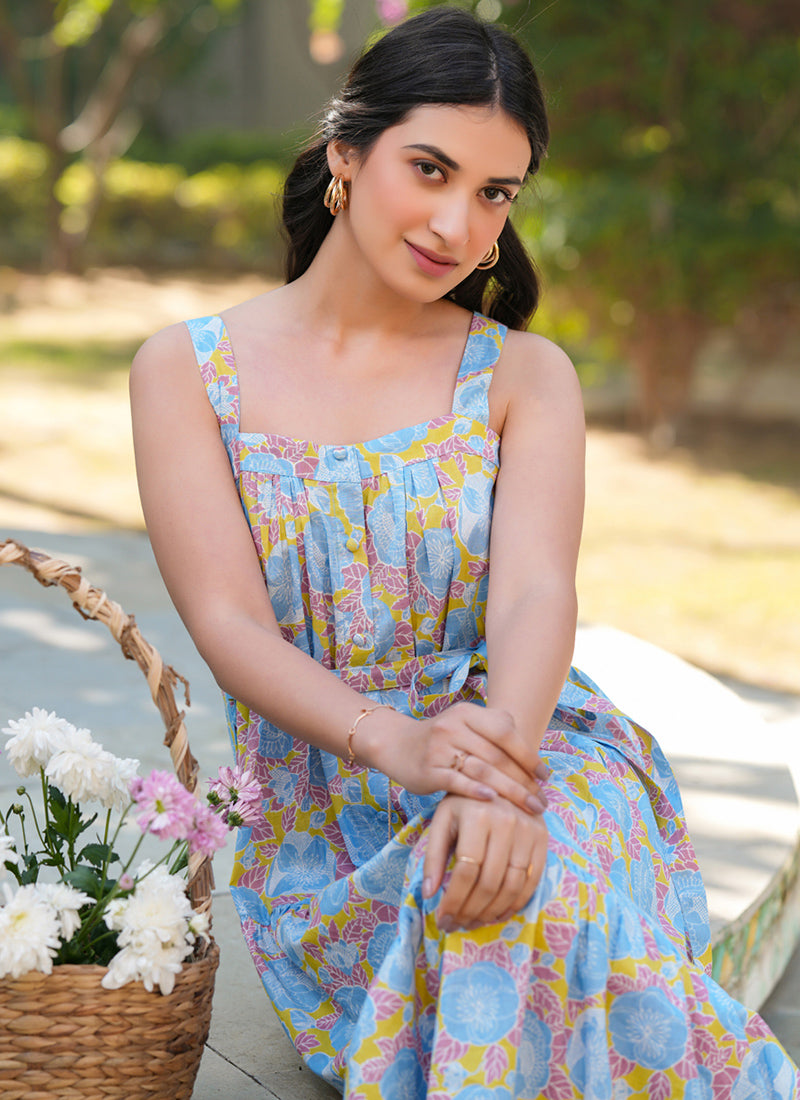 Multicolor Pure Cotton Flower Printed Midi Dress