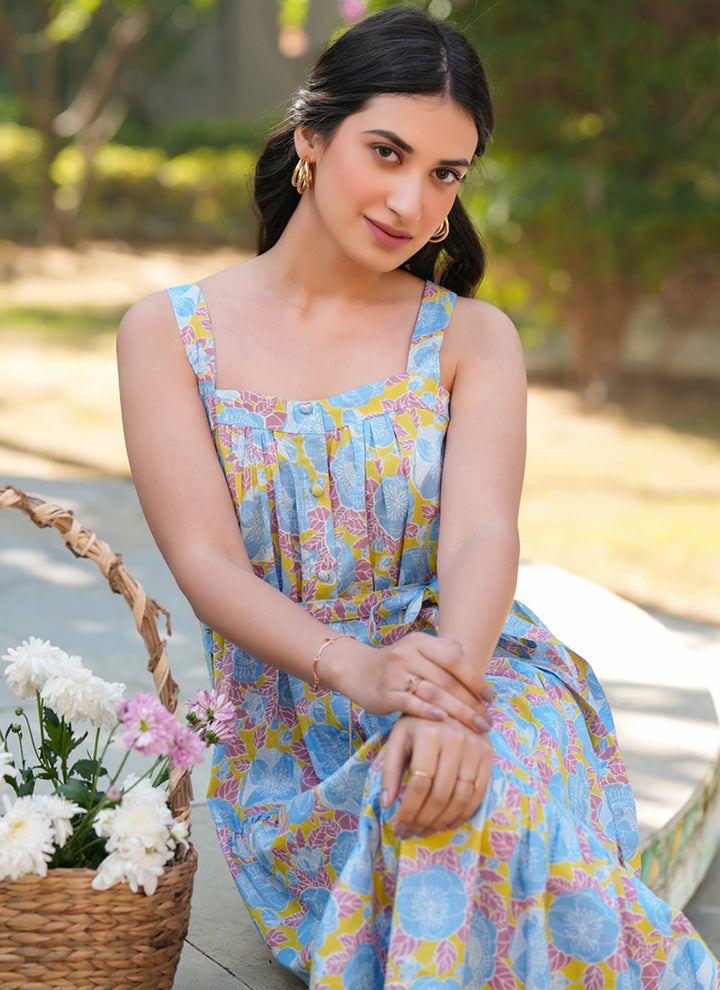 Multicolor Pure Cotton Flower Printed Midi Dress