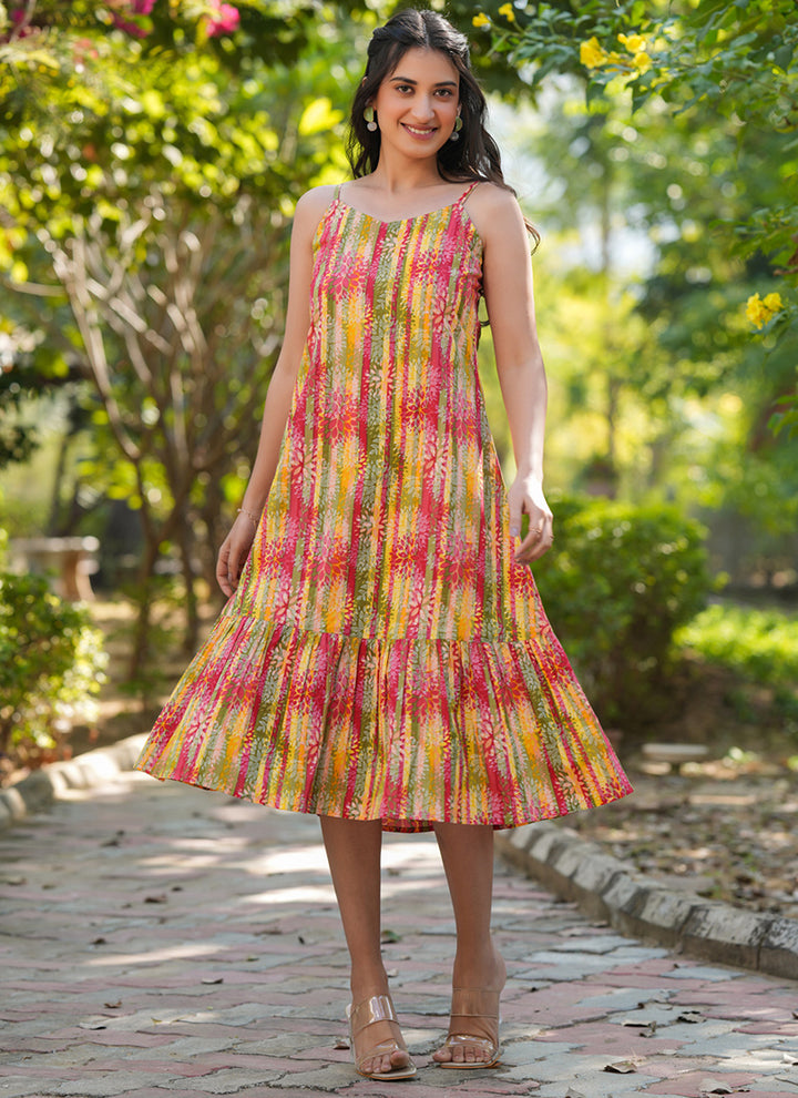 Pure Cotton Multicolor Abstract Printed Flair Midi Dress