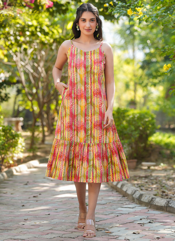 Pure Cotton Multicolor Abstract Printed Flair Midi Dress