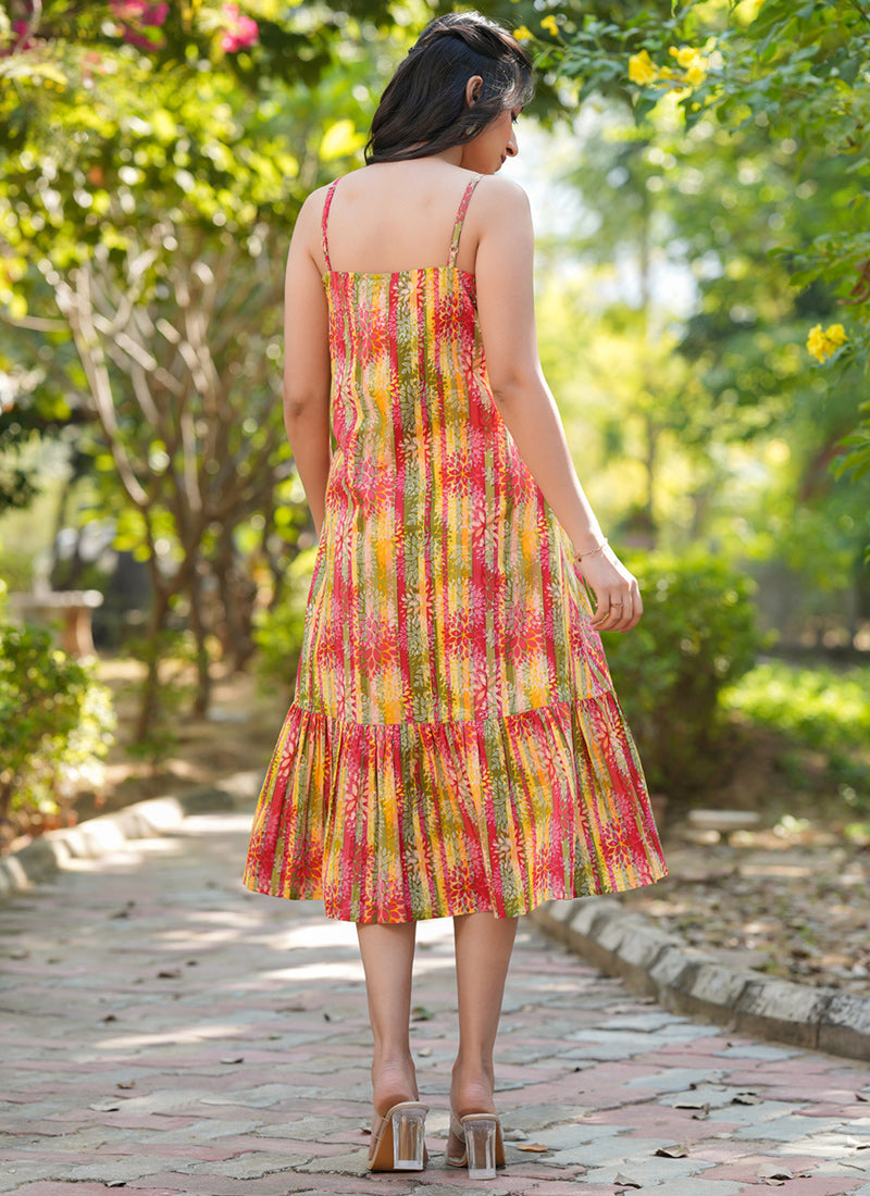 Pure Cotton Multicolor Abstract Printed Flair Midi Dress