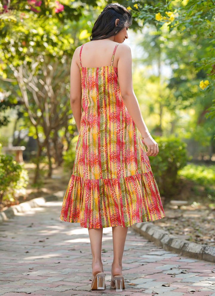 Pure Cotton Multicolor Abstract Printed Flair Midi Dress