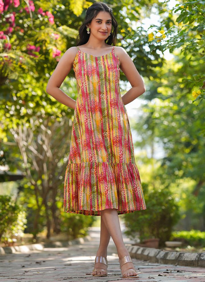 Pure Cotton Multicolor Abstract Printed Flair Midi Dress