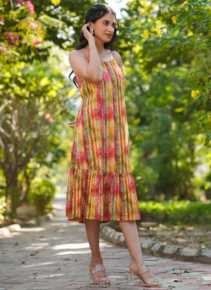 Pure Cotton Multicolor Abstract Printed Flair Midi Dress