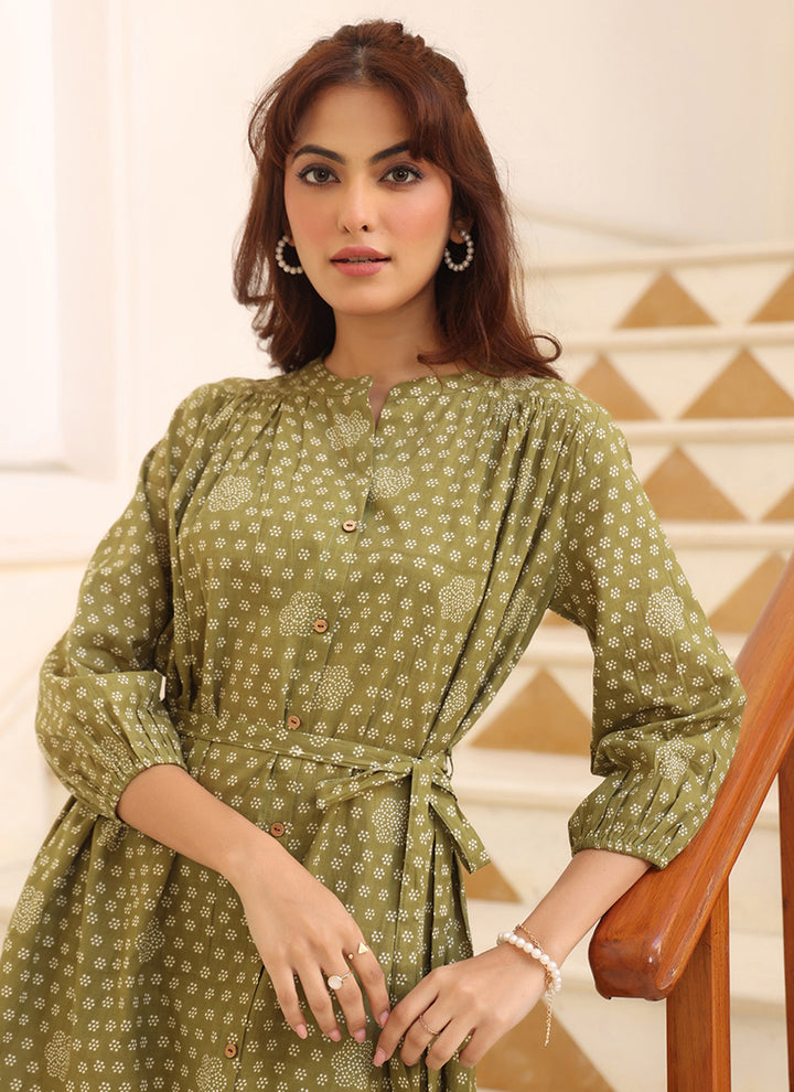 Olive Green Cotton Floral Printed Midi Dress