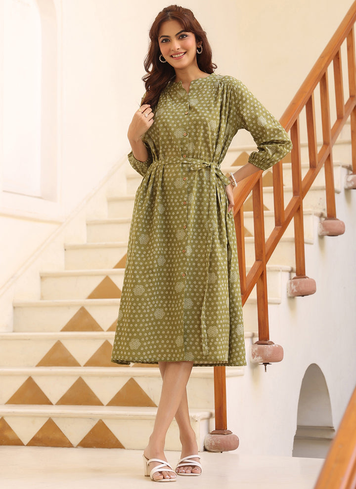 Olive Green Cotton Floral Printed Midi Dress