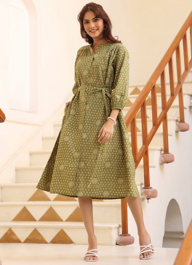 Olive Green Cotton Floral Printed Midi Dress