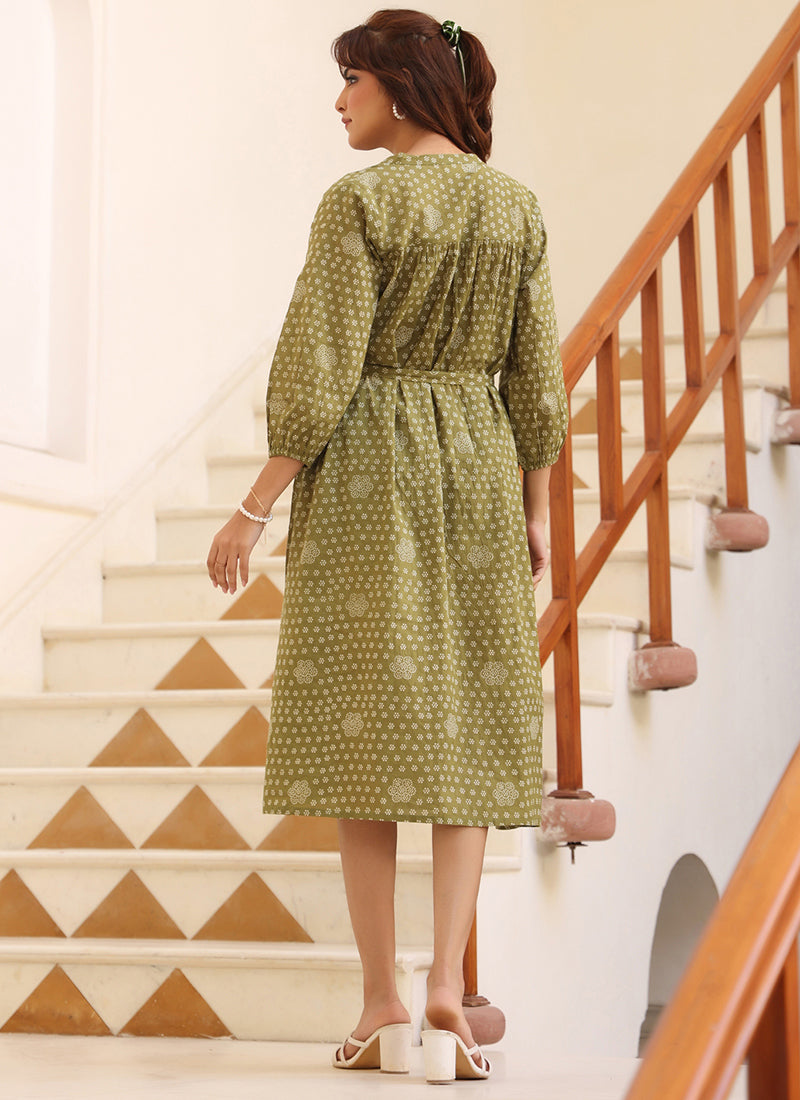 Olive Green Cotton Floral Printed Midi Dress