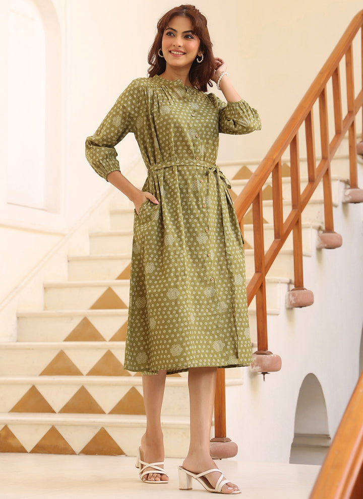 Olive Green Cotton Floral Printed Midi Dress