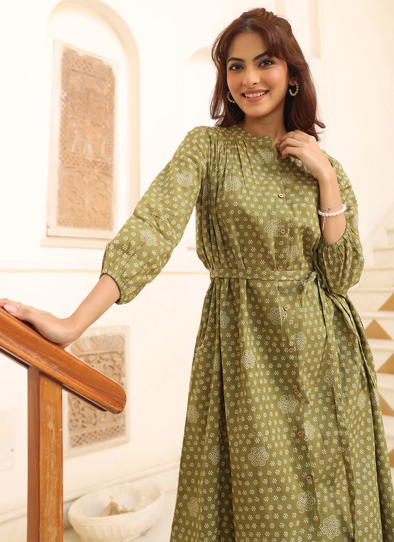 Olive Green Cotton Floral Printed Midi Dress