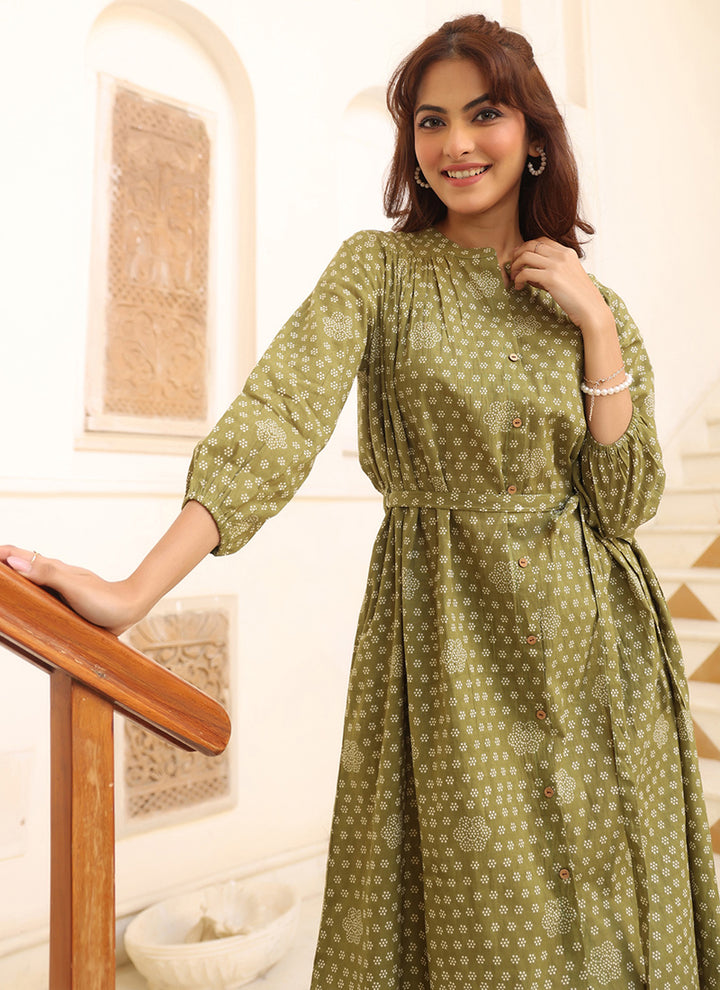 Olive Green Cotton Floral Printed Midi Dress