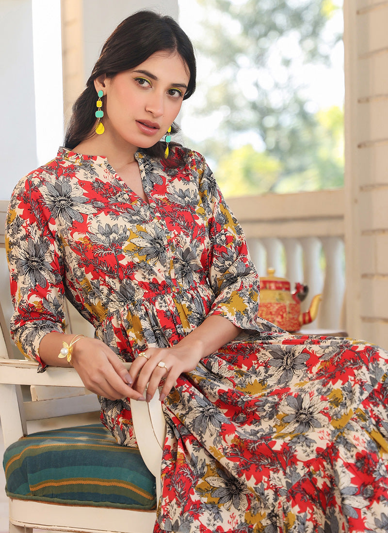 Pure Cotton Multicolor Floral Printed Outwear Midi Dress