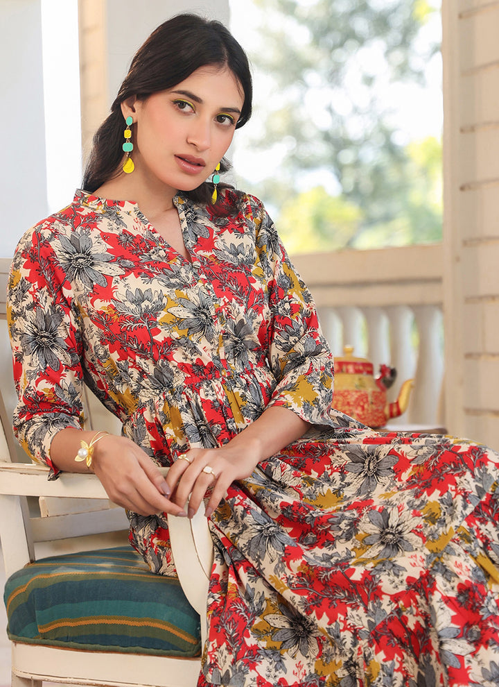 Pure Cotton Multicolor Floral Printed Outwear Midi Dress