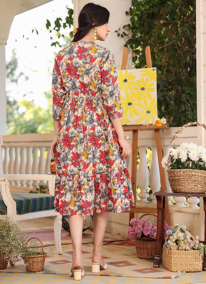 Pure Cotton Multicolor Floral Printed Outwear Midi Dress