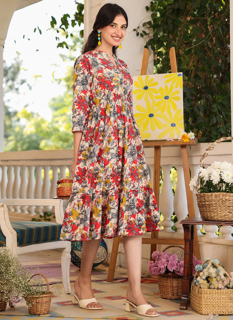 Pure Cotton Multicolor Floral Printed Outwear Midi Dress