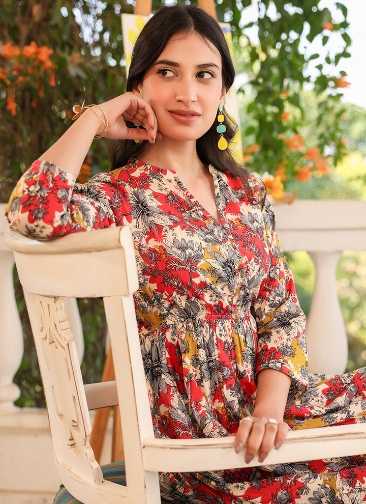 Pure Cotton Multicolor Floral Printed Outwear Midi Dress