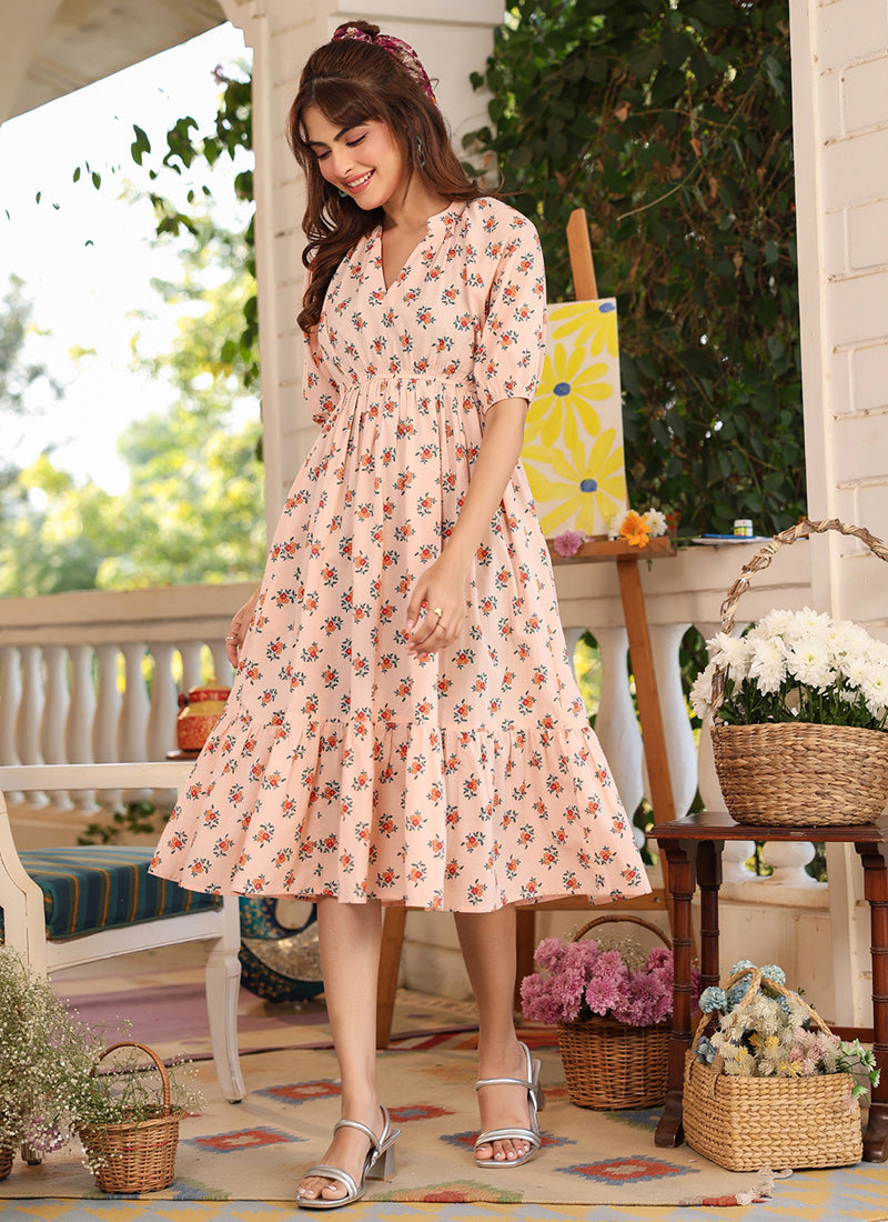 Pure Cotton Peach Floral Printed Outwear Midi Dress