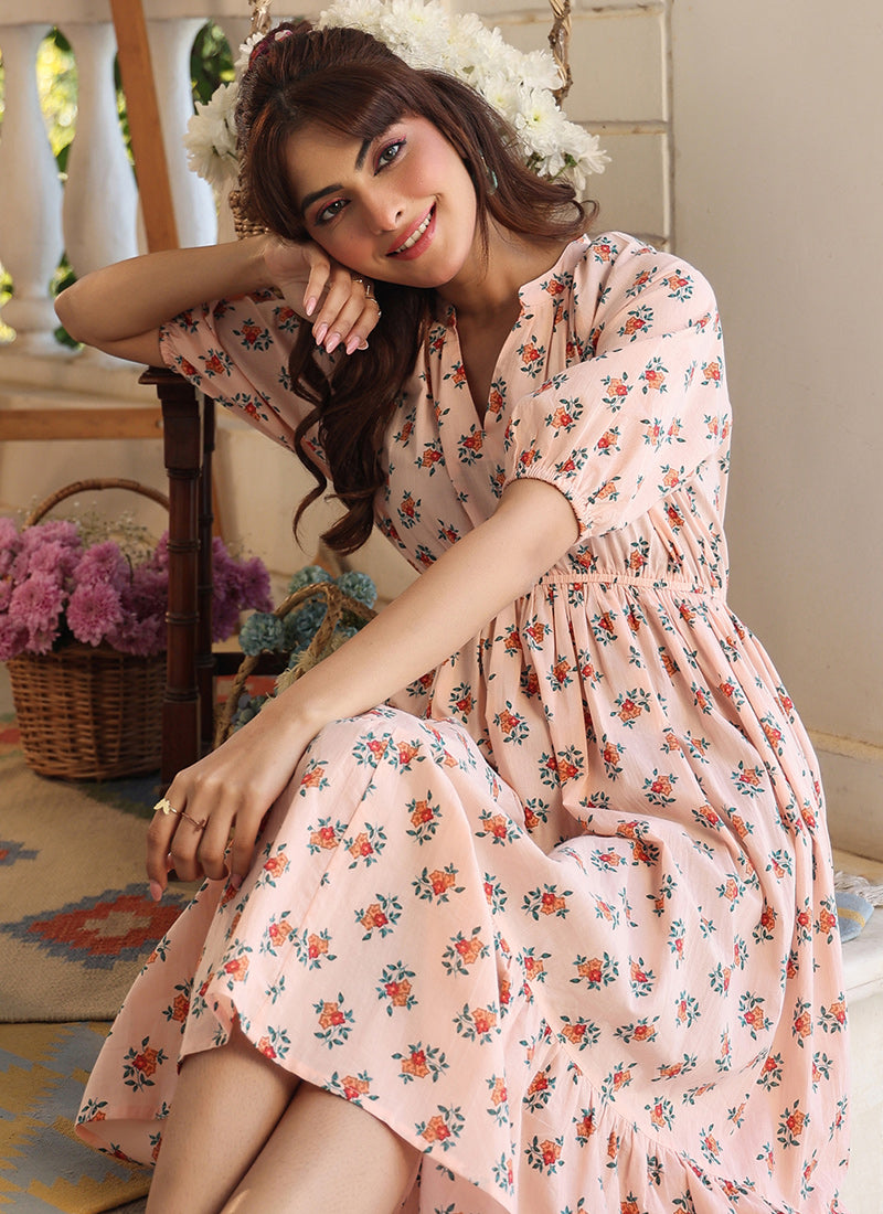 Pure Cotton Peach Floral Printed Outwear Midi Dress