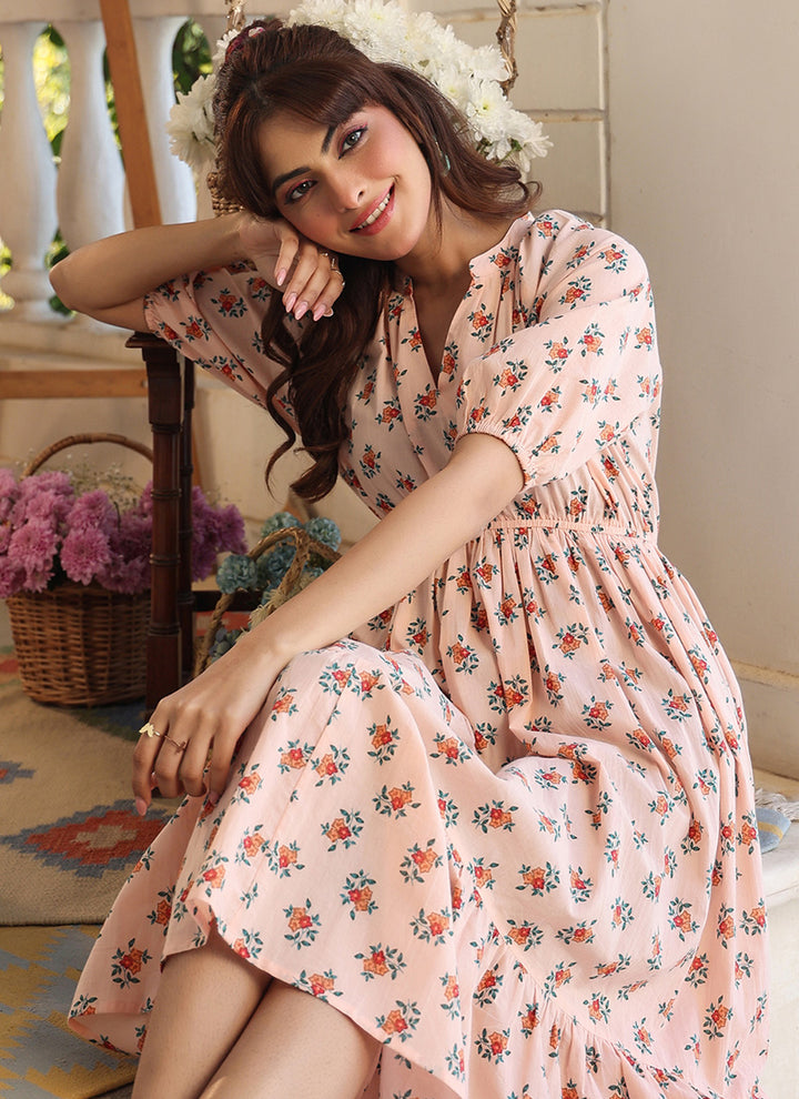 Pure Cotton Peach Floral Printed Outwear Midi Dress