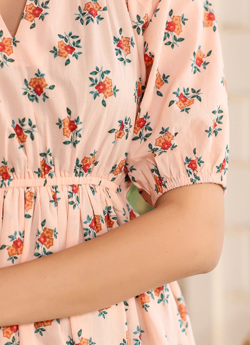 Pure Cotton Peach Floral Printed Outwear Midi Dress