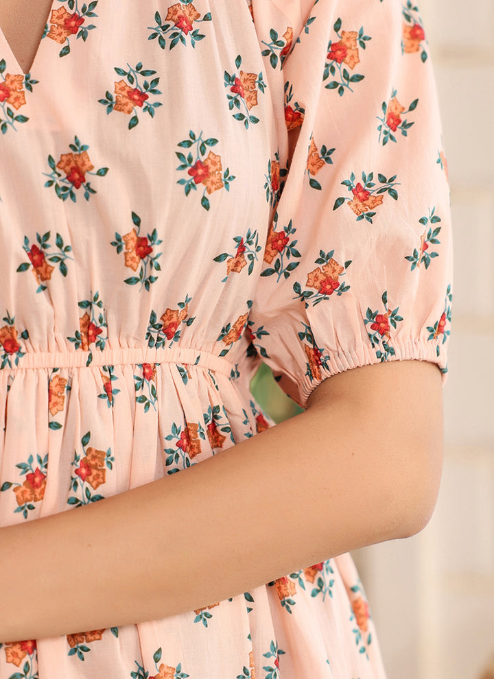 Pure Cotton Peach Floral Printed Outwear Midi Dress