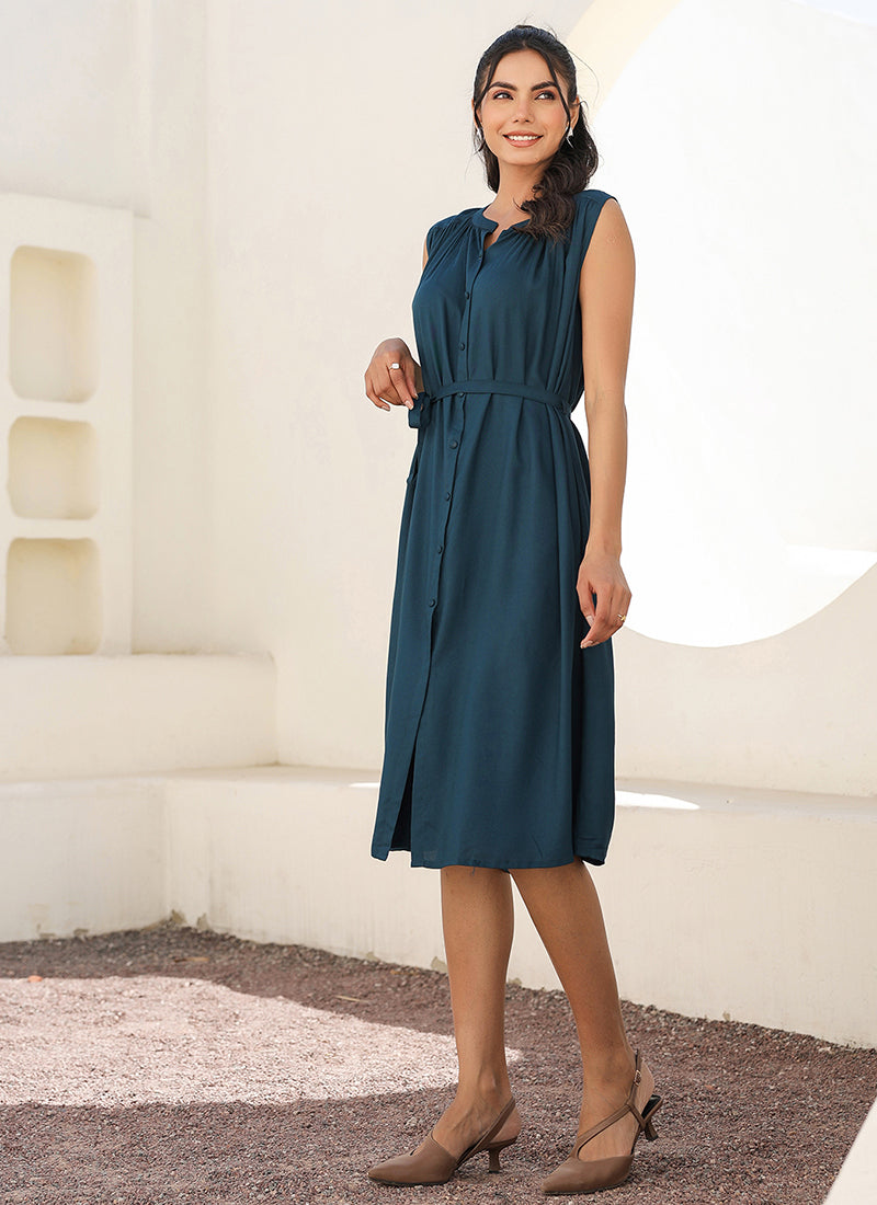 Teal Blue Color Rayon A-line Casual Midi Dress