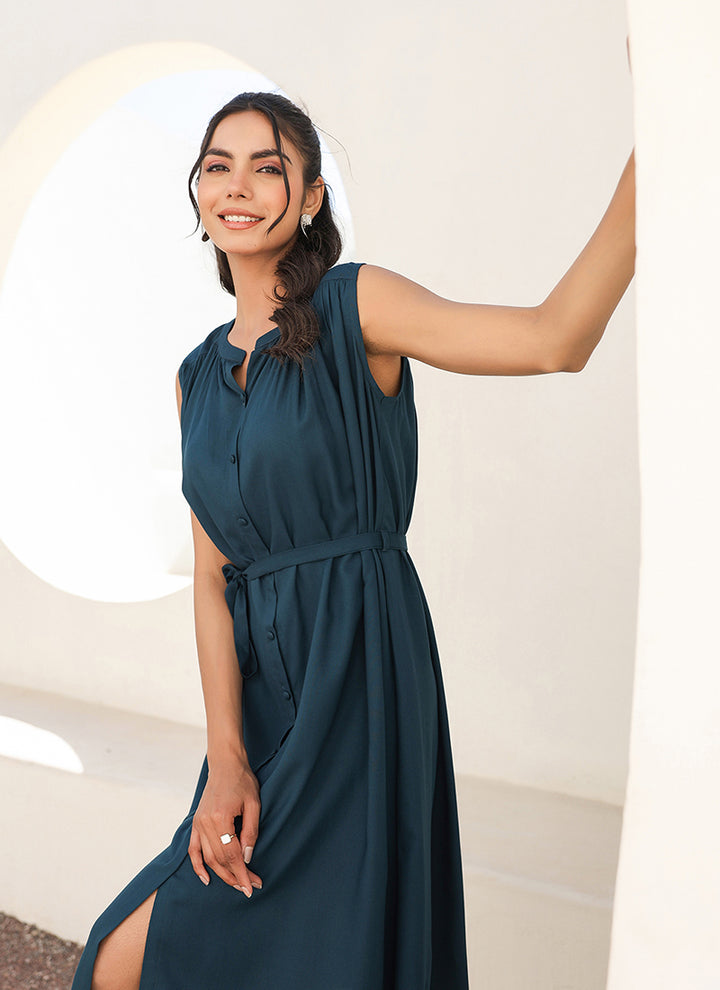 Teal Blue Color Rayon A-line Casual Midi Dress