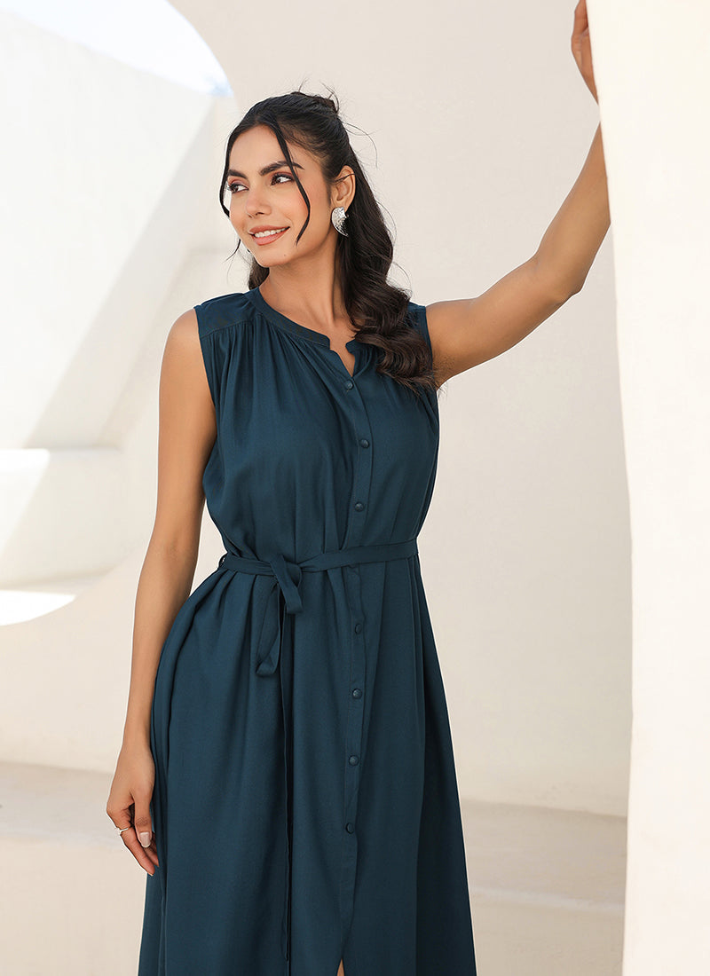 Teal Blue Color Rayon A-line Casual Midi Dress