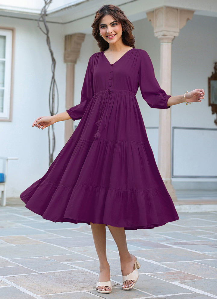 Purple Rayon Plain A-Line Midi Dress